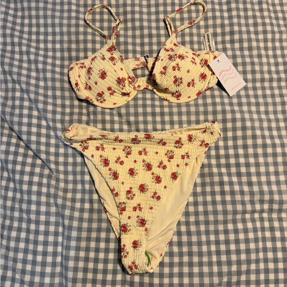 Dippin' Daisy's Cream Bikini Set with Red Rose Print
